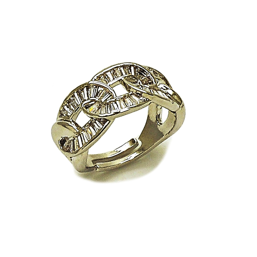 Rhodium Gold Filled Multi Stone Ring, Miami Cuban and Baguette Design, with White Cubic Zirconia, Polished, Rhodium Finish