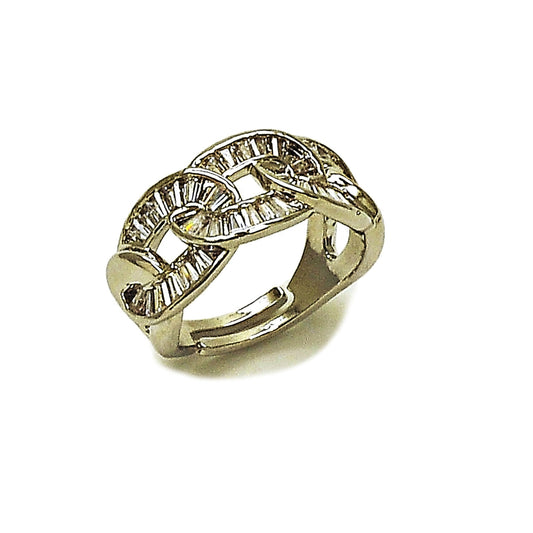 Rhodium Gold Filled Multi Stone Ring, Miami Cuban and Baguette Design, with White Cubic Zirconia, Polished, Rhodium Finish