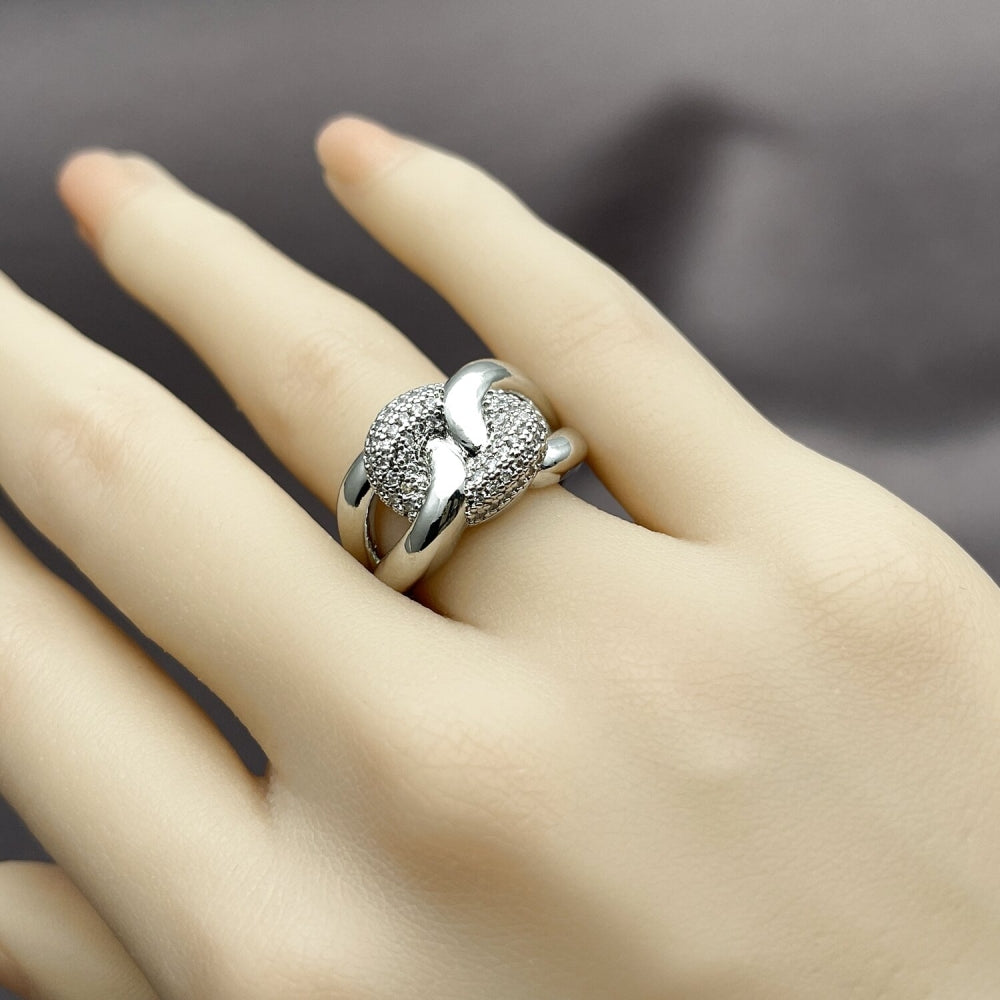Rhodium Gold Filled Multi Stone Ring, Miami Cuban Design, with White Micro Pave, Polished, Rhodium Finish