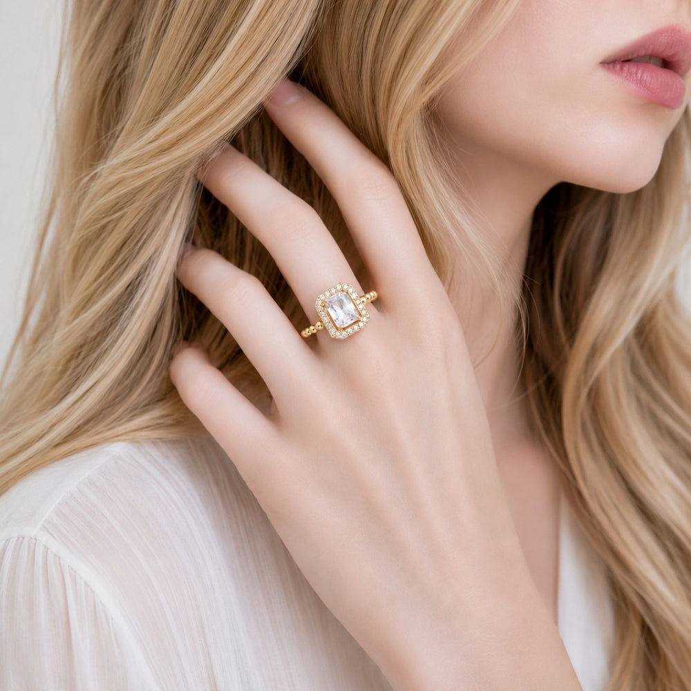 Oro Laminado Multi Stone Ring, Gold Filled Style Cluster Design, with White Cubic Zirconia, Polished, Golden Finish