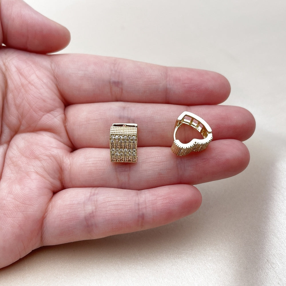 Oro Laminado Huggie Hoop, Gold Filled Style Heart Design, with White Micro Pave, Polished, Golden Finish