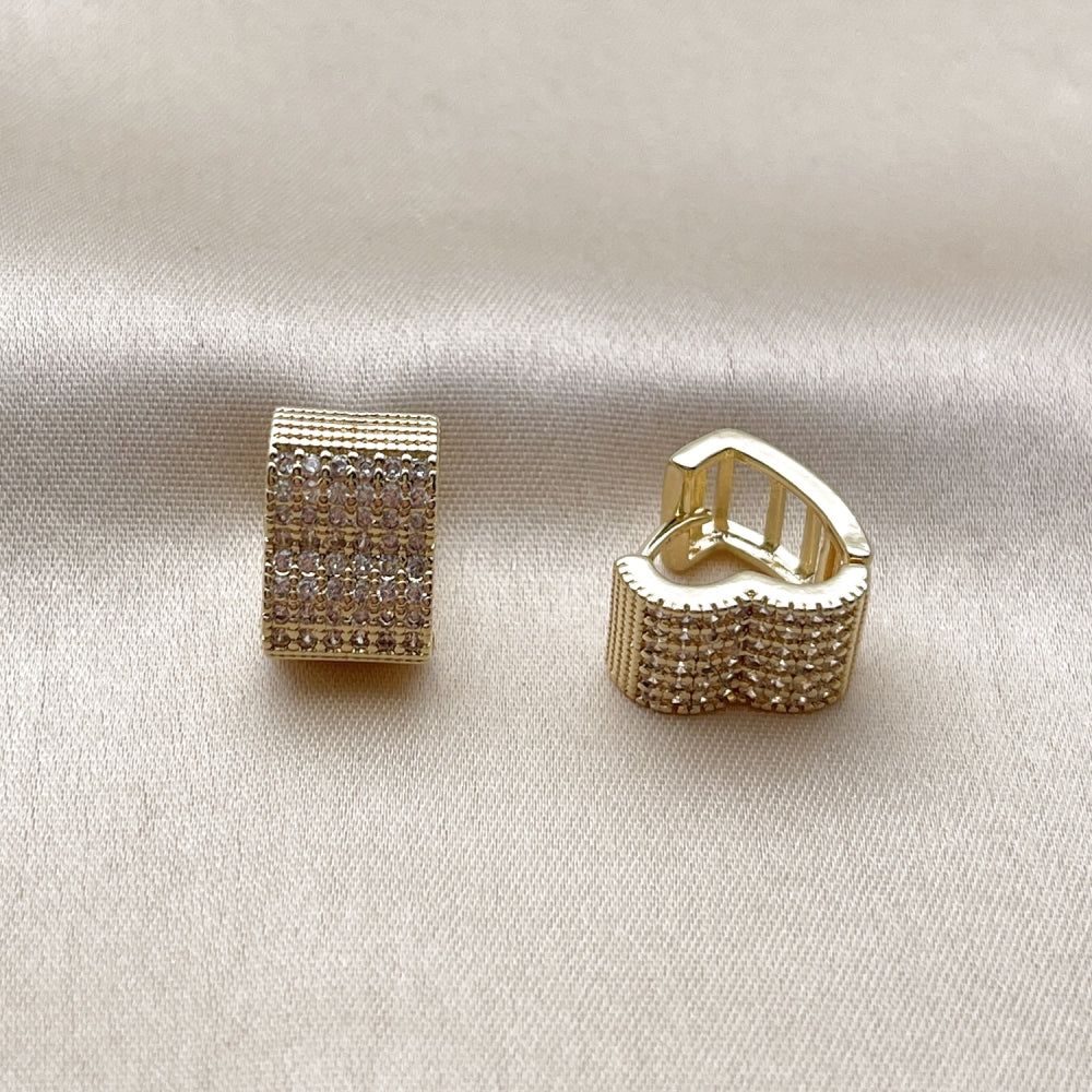 Oro Laminado Huggie Hoop, Gold Filled Style Heart Design, with White Micro Pave, Polished, Golden Finish