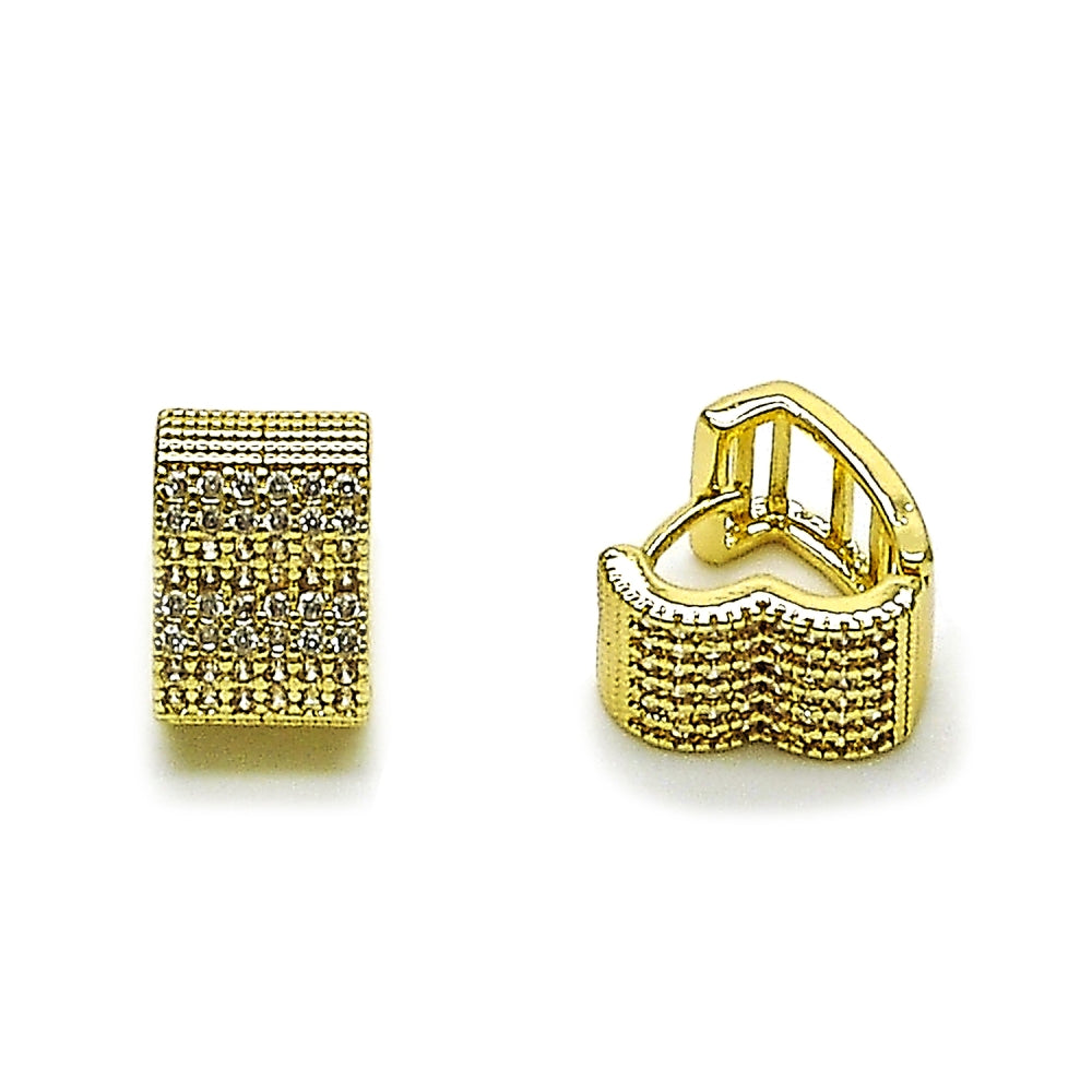 Oro Laminado Huggie Hoop, Gold Filled Style Heart Design, with White Micro Pave, Polished, Golden Finish