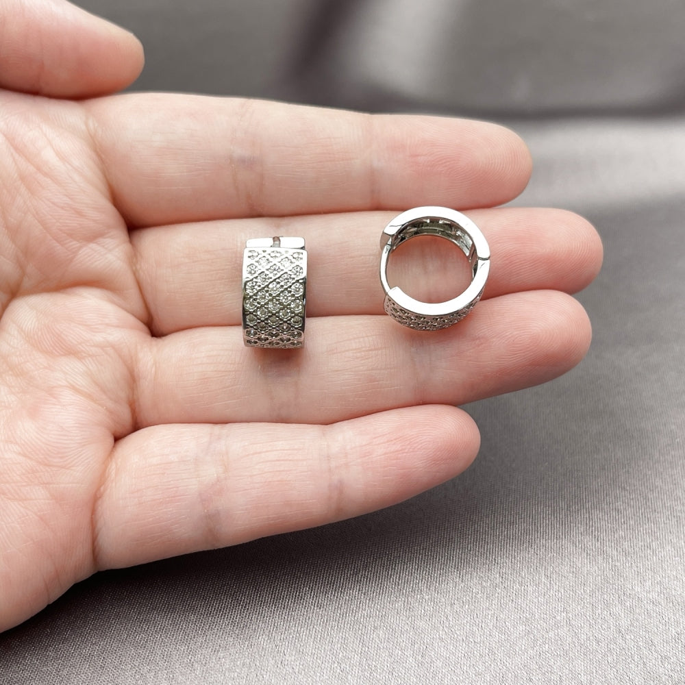 Rhodium Gold Filled Huggie Hoop, with White Cubic Zirconia, Polished, Rhodium Finish