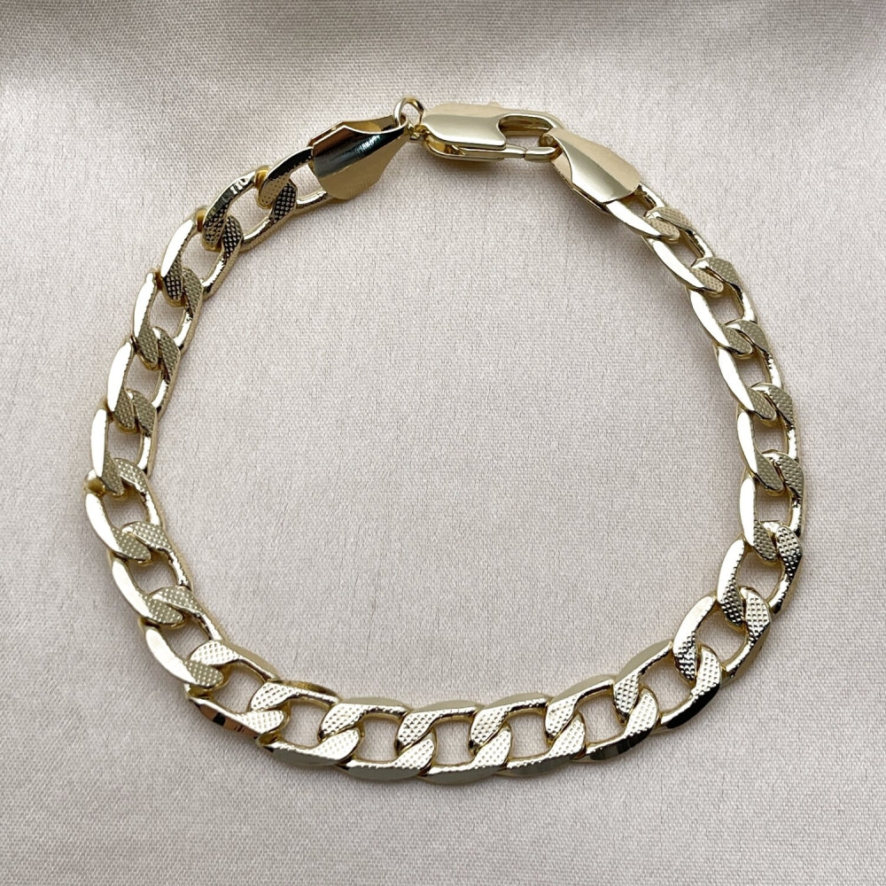 Oro Laminado Basic Bracelet, Gold Filled Style Pave Cuban Design, Polished, Golden Finish