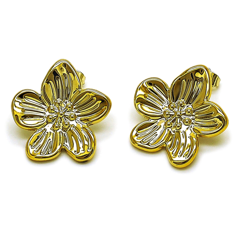 Stainless Steel Stud Earring, Flower Design, Polished, Golden Finish