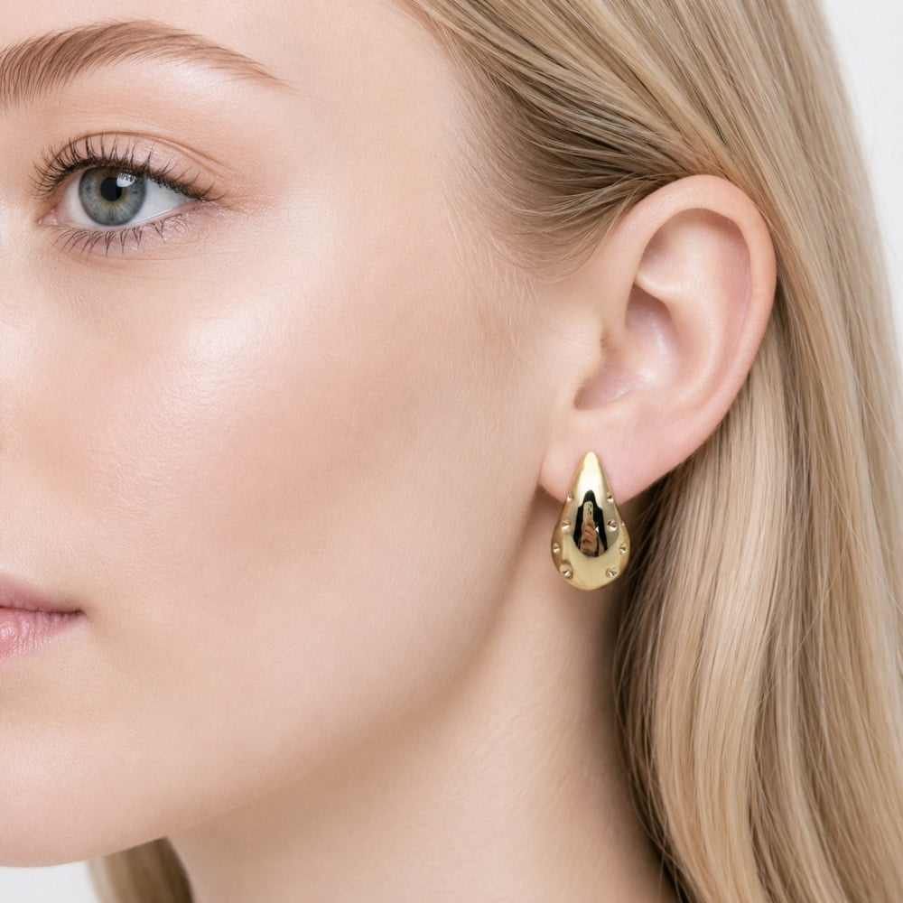 Stainless Steel Stud Earring, Teardrop Design, Polished, Golden Finish
