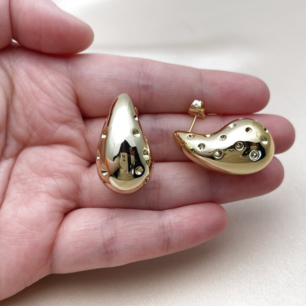 Stainless Steel Stud Earring, Teardrop Design, Polished, Golden Finish