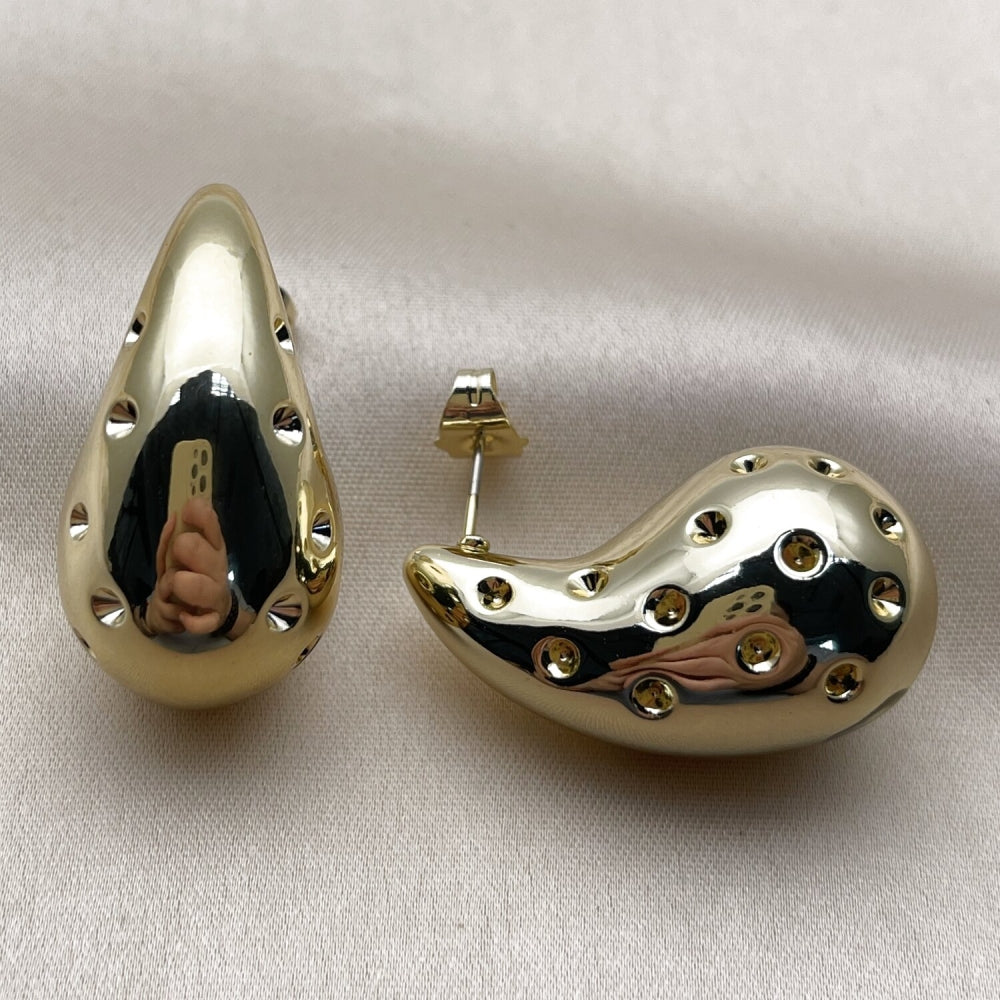Stainless Steel Stud Earring, Teardrop Design, Polished, Golden Finish