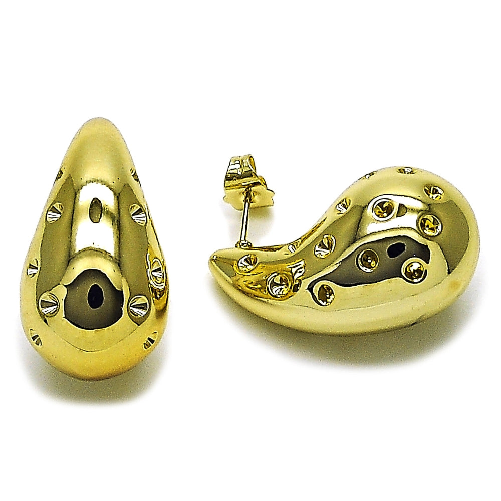 Stainless Steel Stud Earring, Teardrop Design, Polished, Golden Finish