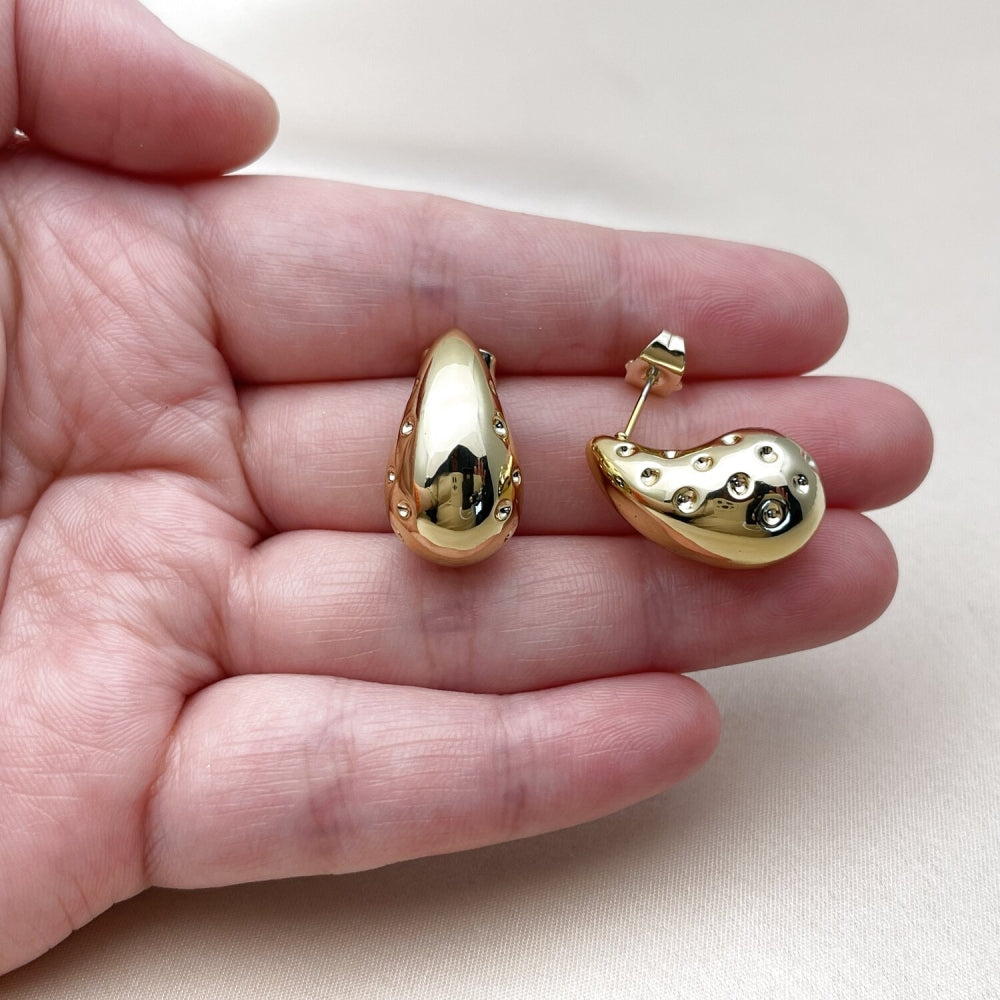 Stainless Steel Stud Earring, Teardrop Design, Polished, Golden Finish