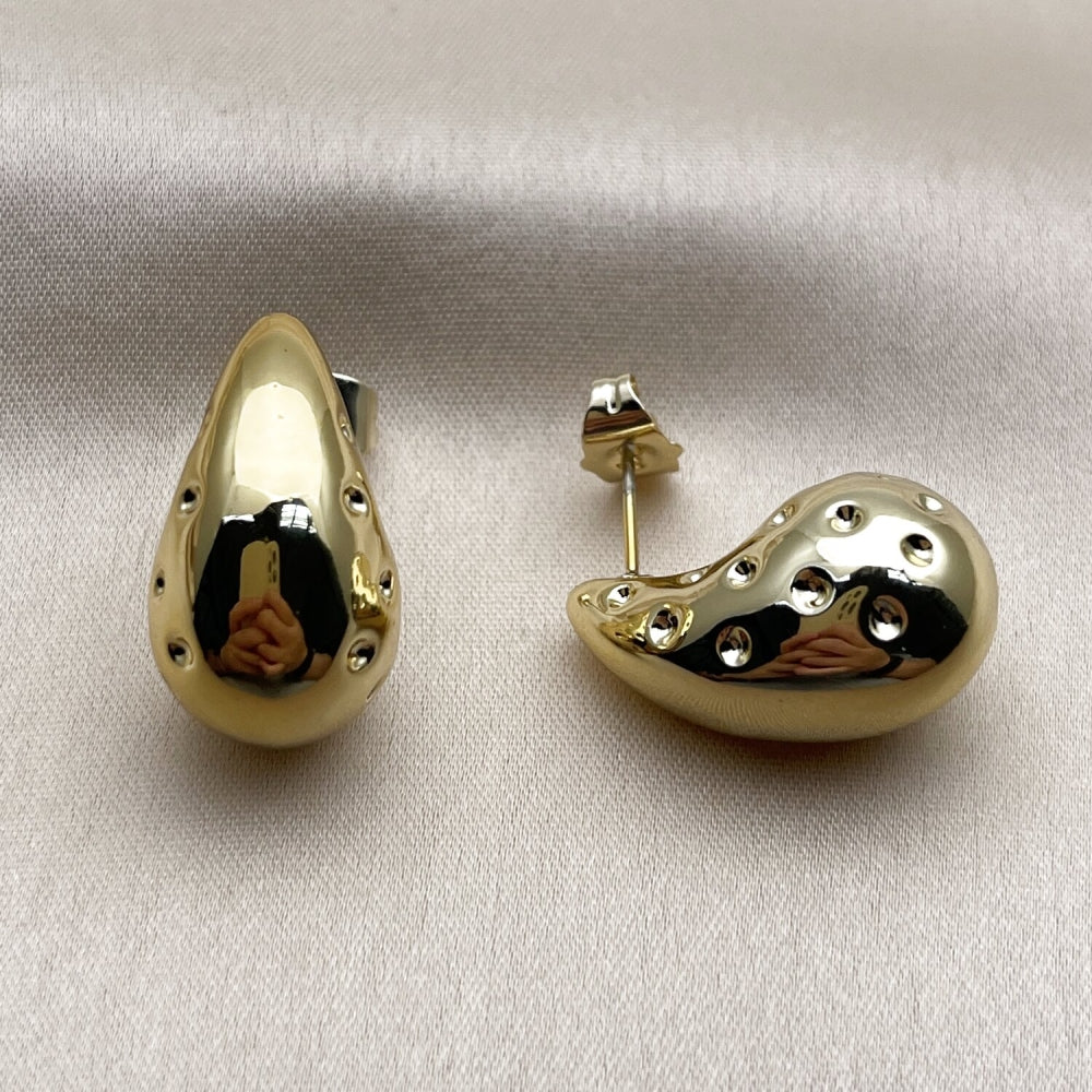 Stainless Steel Stud Earring, Teardrop Design, Polished, Golden Finish