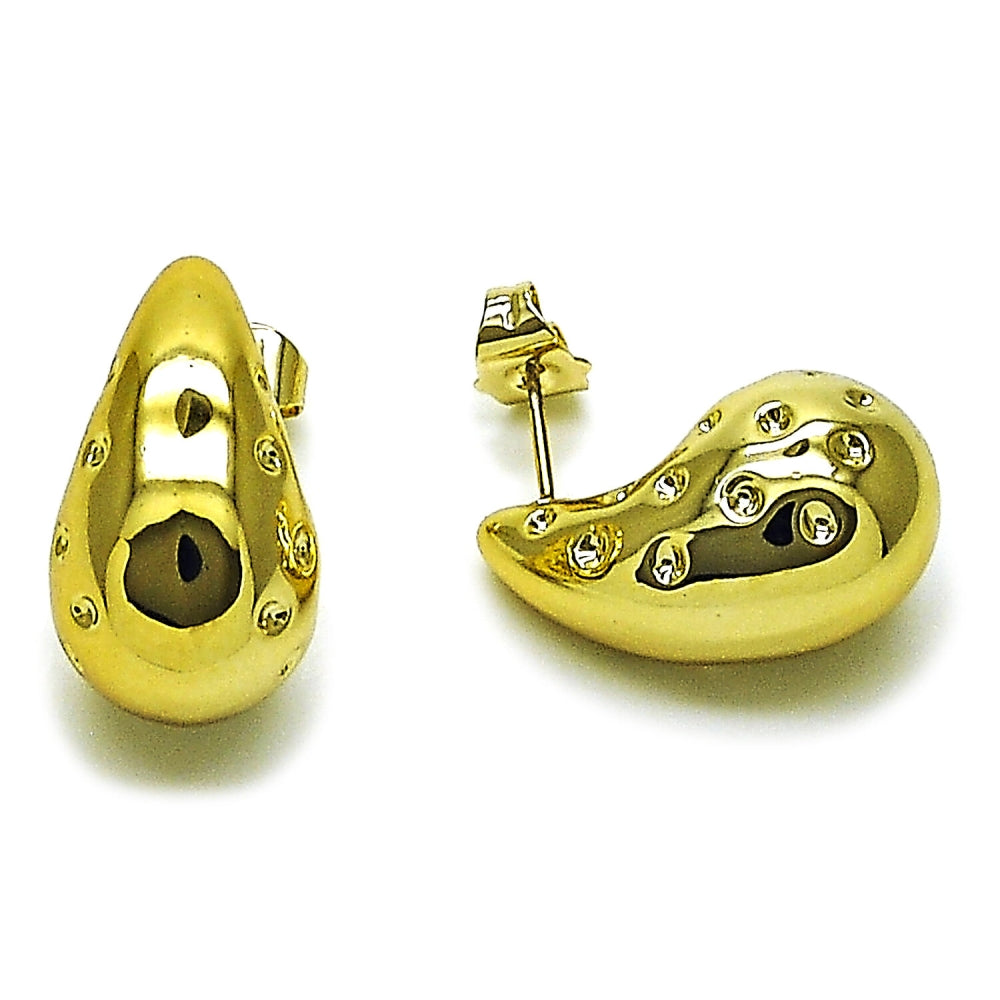 Stainless Steel Stud Earring, Teardrop Design, Polished, Golden Finish