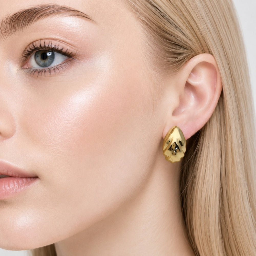 Stainless Steel Stud Earring, Teardrop Design, Polished, Golden Finish