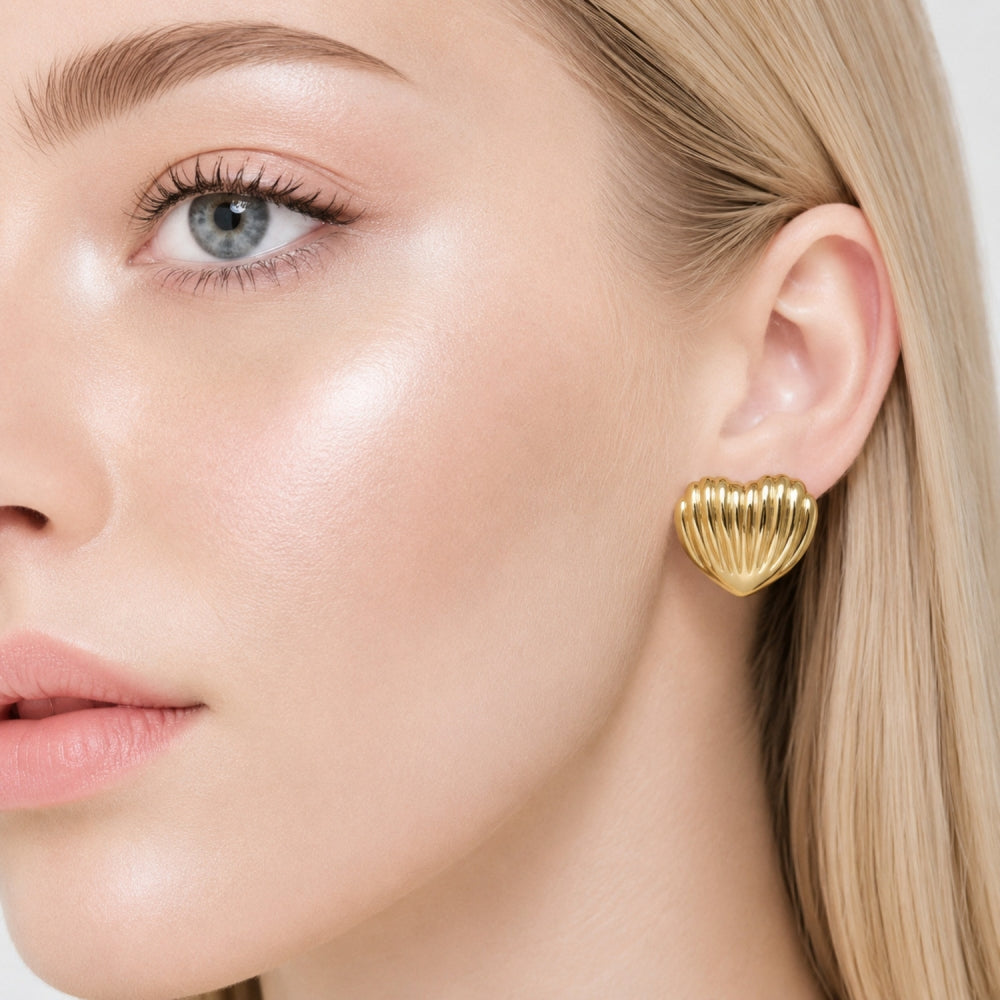 Stainless Steel Stud Earring, Heart Design, Polished, Golden Finish