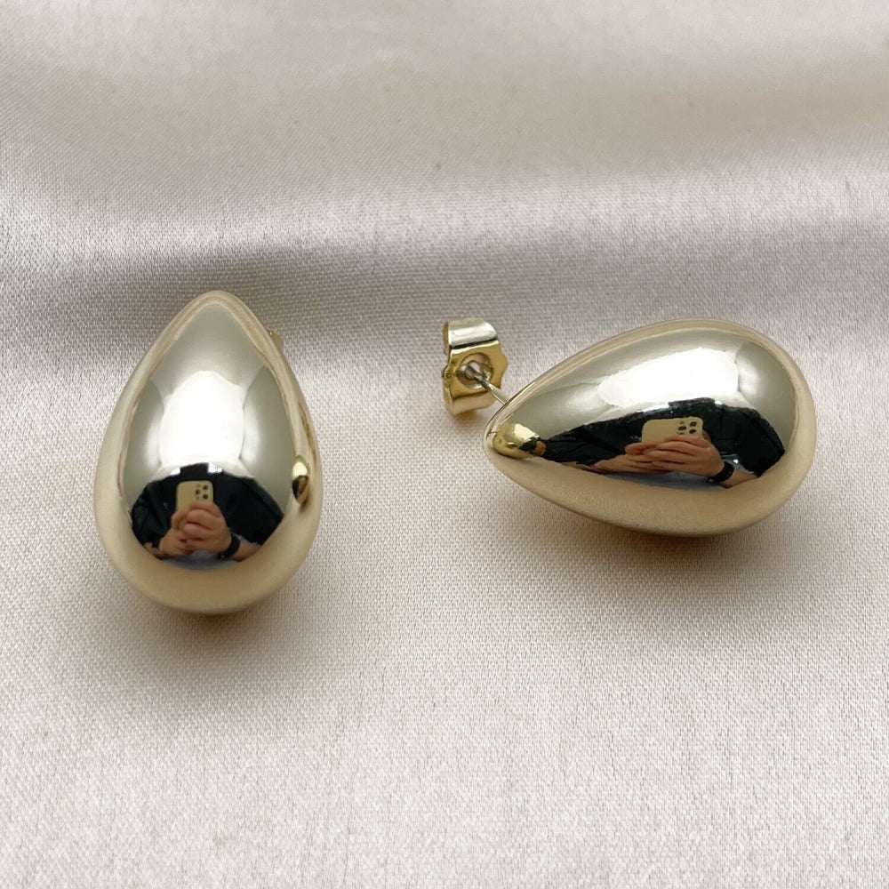 Stainless Steel Stud Earring, Teardrop Design, Polished, Golden Finish