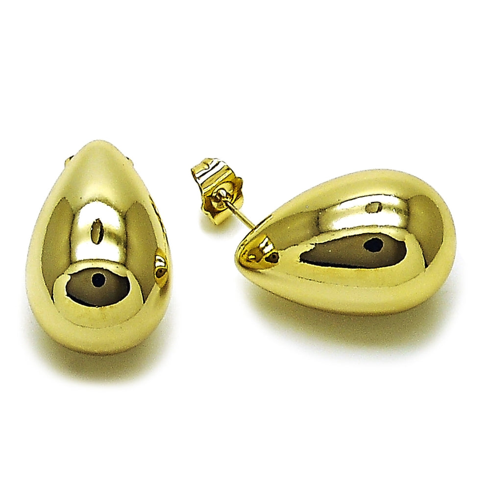 Stainless Steel Stud Earring, Teardrop Design, Polished, Golden Finish