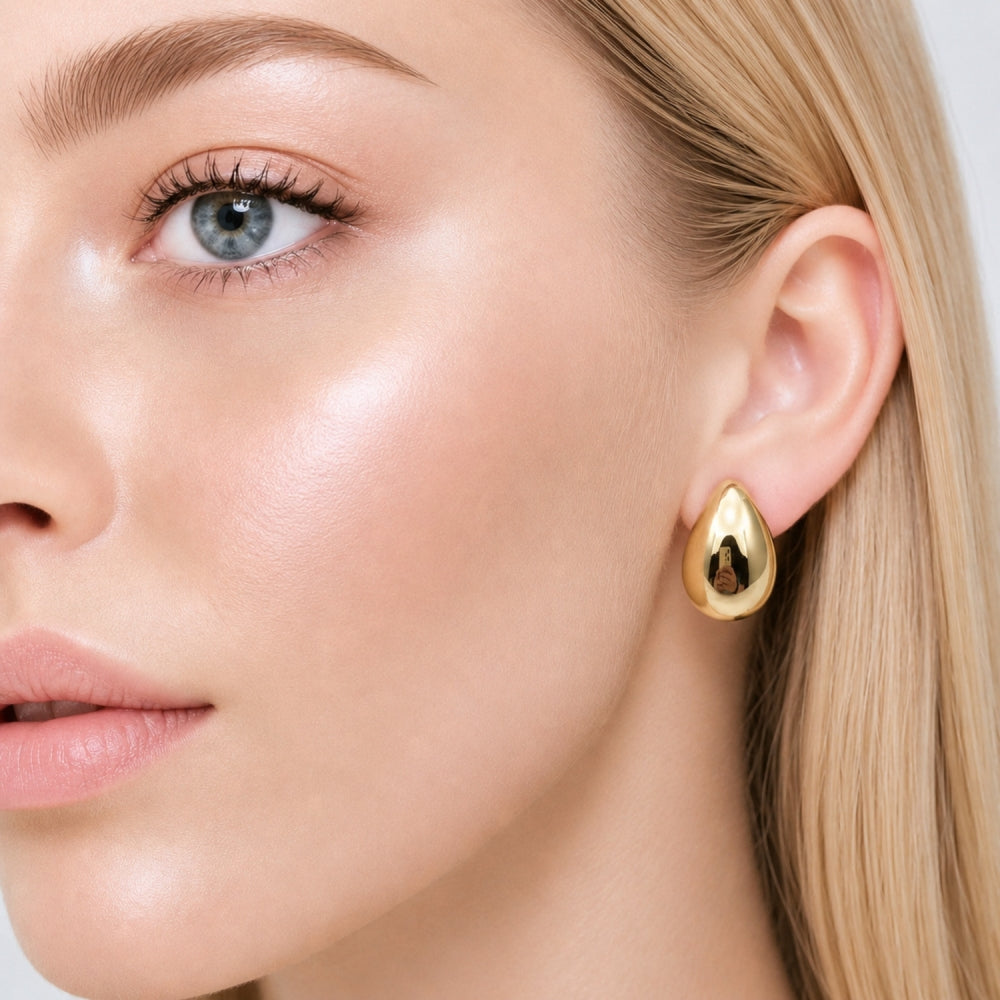Stainless Steel Stud Earring, Teardrop Design, Polished, Golden Finish