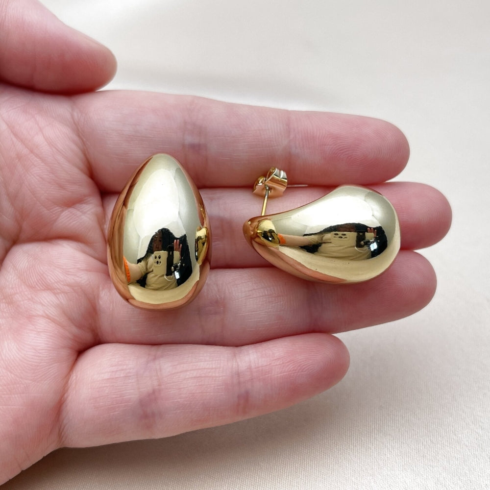 Stainless Steel Stud Earring, Teardrop Design, Polished, Golden Finish