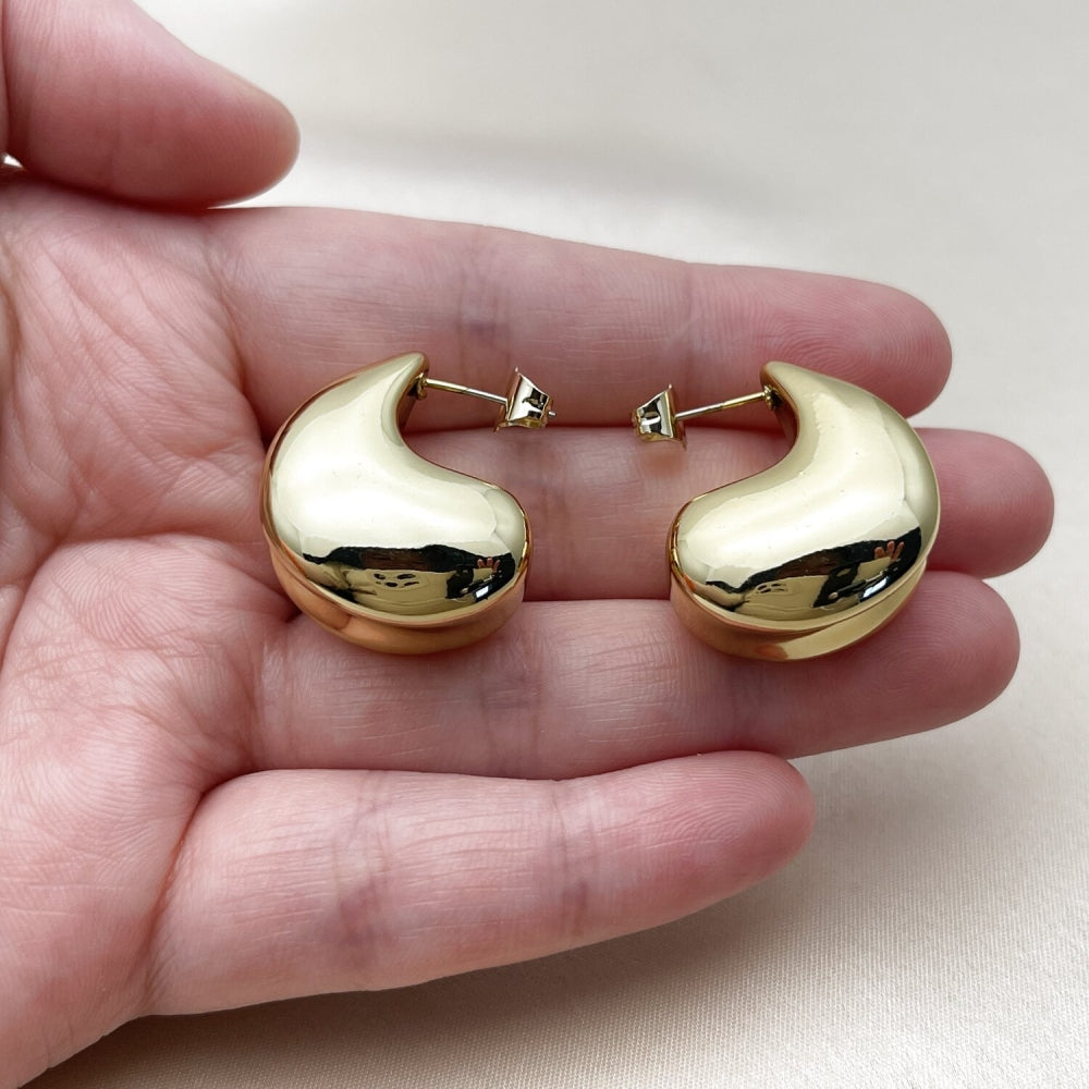 Stainless Steel Stud Earring, Teardrop Design, Polished, Golden Finish