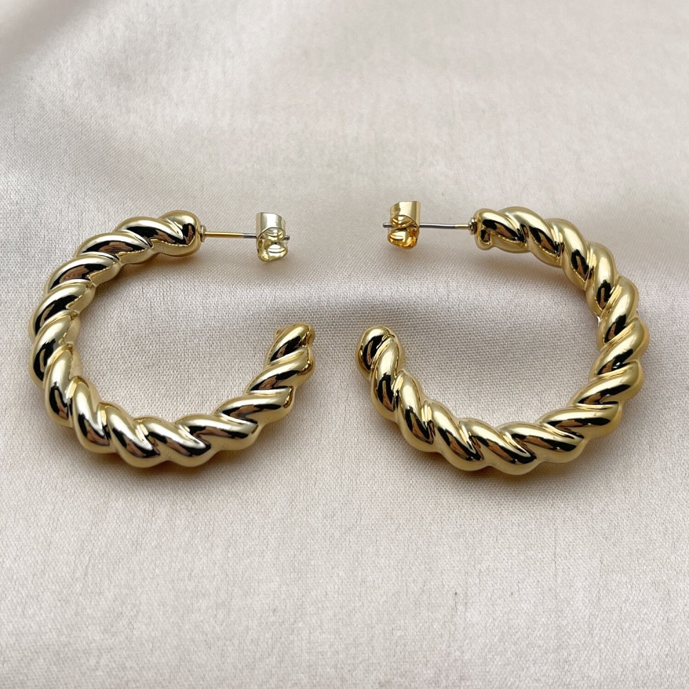 Stainless Steel Medium Hoop, Twist Design, Polished, Golden Finish