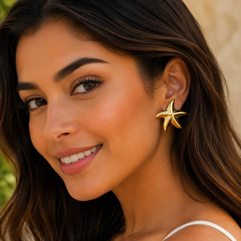 Stainless Steel Stud Earring, Star Design, Polished, Golden Finish