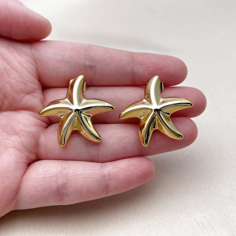 Stainless Steel Stud Earring, Star Design, Polished, Golden Finish