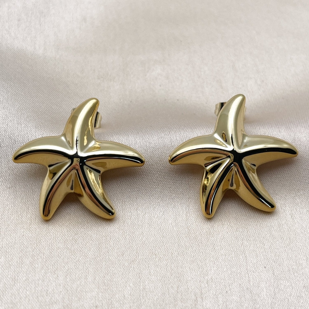 Stainless Steel Stud Earring, Star Design, Polished, Golden Finish