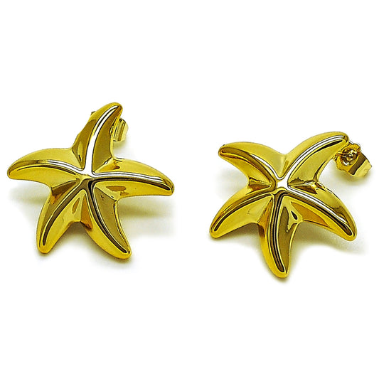 Stainless Steel Stud Earring, Star Design, Polished, Golden Finish