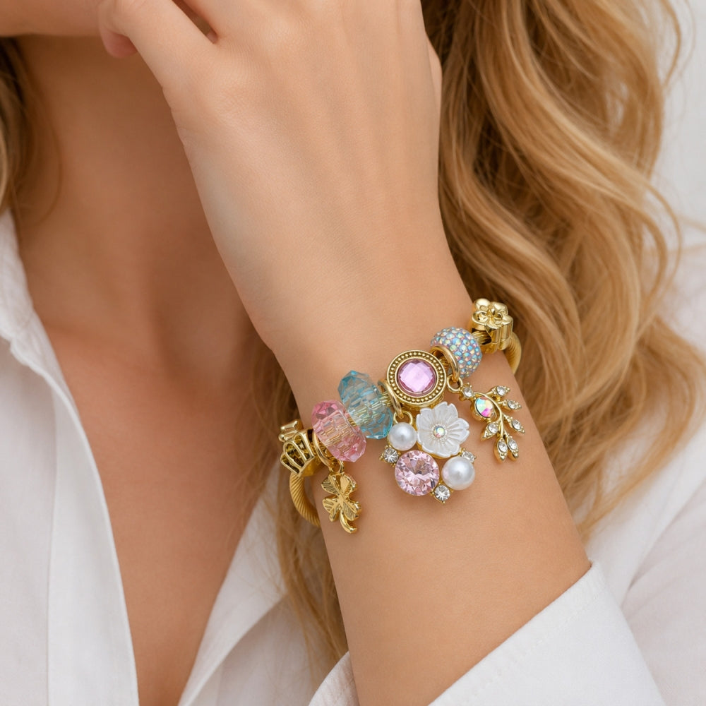Stainless Steel Individual Bangle, Flower and Four-leaf Clover Design, with Light Rose and Aurore Boreale Crystal, Polished, Golden Finish
