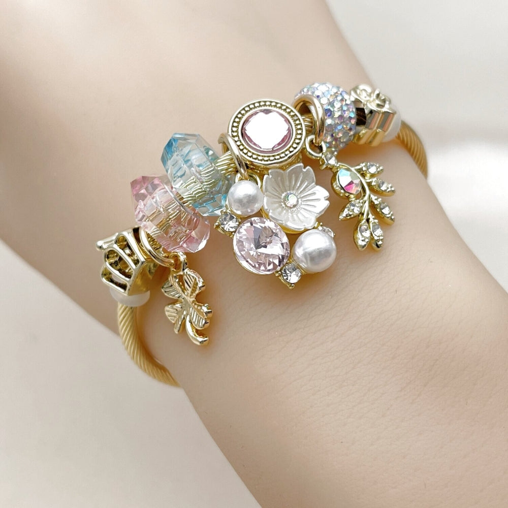 Stainless Steel Individual Bangle, Flower and Four-leaf Clover Design, with Light Rose and Aurore Boreale Crystal, Polished, Golden Finish