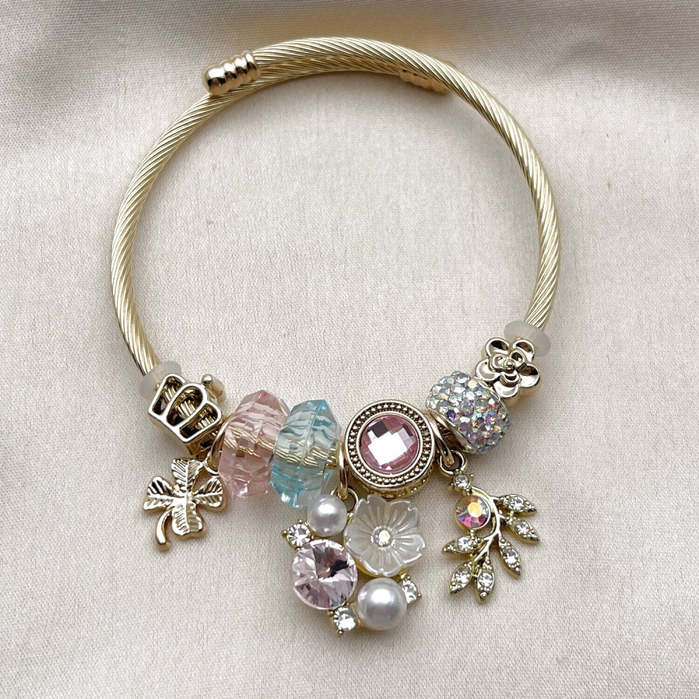Stainless Steel Individual Bangle, Flower and Four-leaf Clover Design, with Light Rose and Aurore Boreale Crystal, Polished, Golden Finish