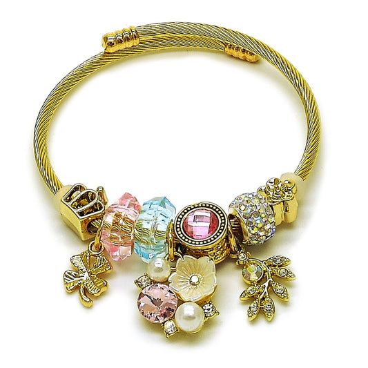 Stainless Steel Individual Bangle, Flower and Four-leaf Clover Design, with Light Rose and Aurore Boreale Crystal, Polished, Golden Finish