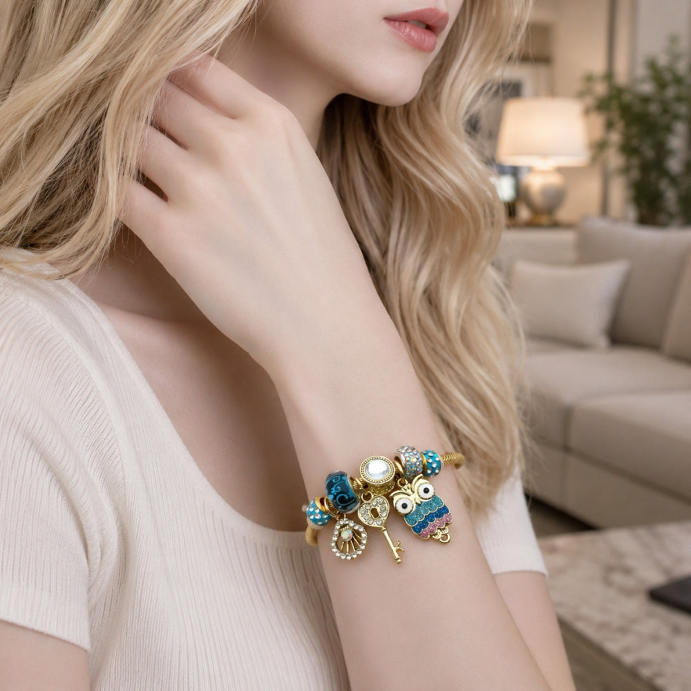 Stainless Steel Individual Bangle, Owl and Shell Design, with Crystal and Aurore Boreale Crystal, Multicolor Enamel Finish, Golden Finish