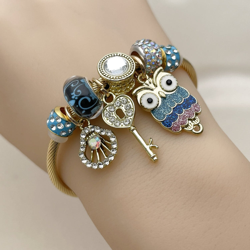 Stainless Steel Individual Bangle, Owl and Shell Design, with Crystal and Aurore Boreale Crystal, Multicolor Enamel Finish, Golden Finish
