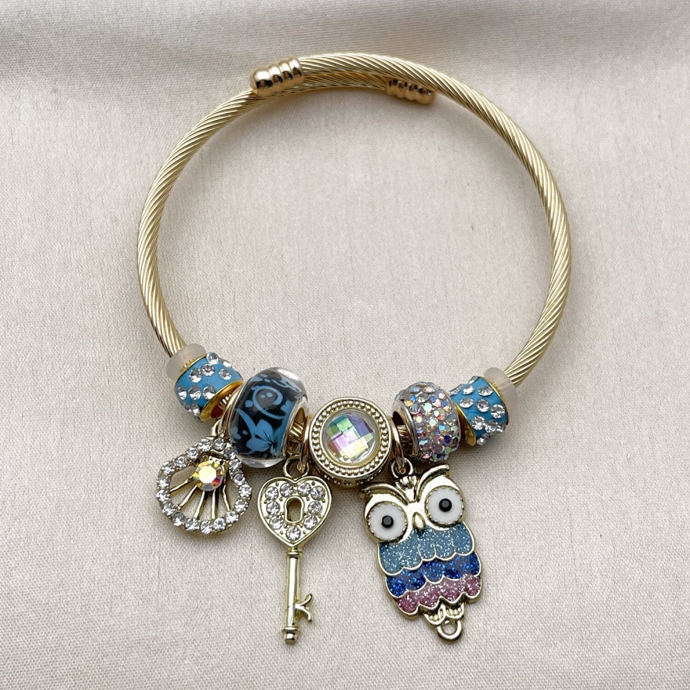 Stainless Steel Individual Bangle, Owl and Shell Design, with Crystal and Aurore Boreale Crystal, Multicolor Enamel Finish, Golden Finish