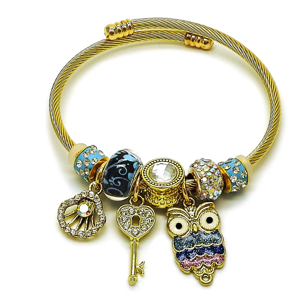 Stainless Steel Individual Bangle, Owl and Shell Design, with Crystal and Aurore Boreale Crystal, Multicolor Enamel Finish, Golden Finish