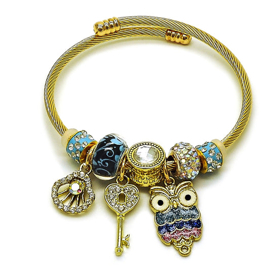 Stainless Steel Individual Bangle, Owl and Shell Design, with Crystal and Aurore Boreale Crystal, Multicolor Enamel Finish, Golden Finish