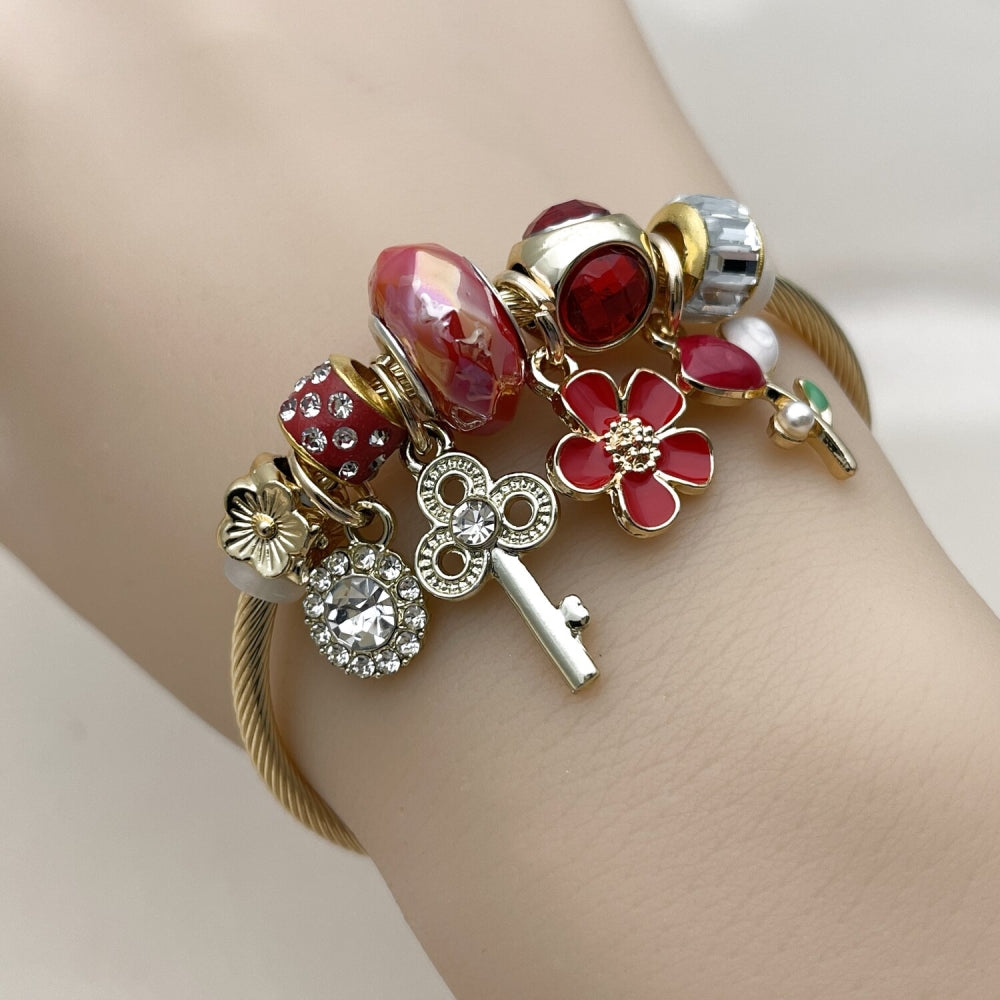 Stainless Steel Individual Bangle, Flower and key Design, with Light Siam and Crystal Crystal, Red Enamel Finish, Golden Finish