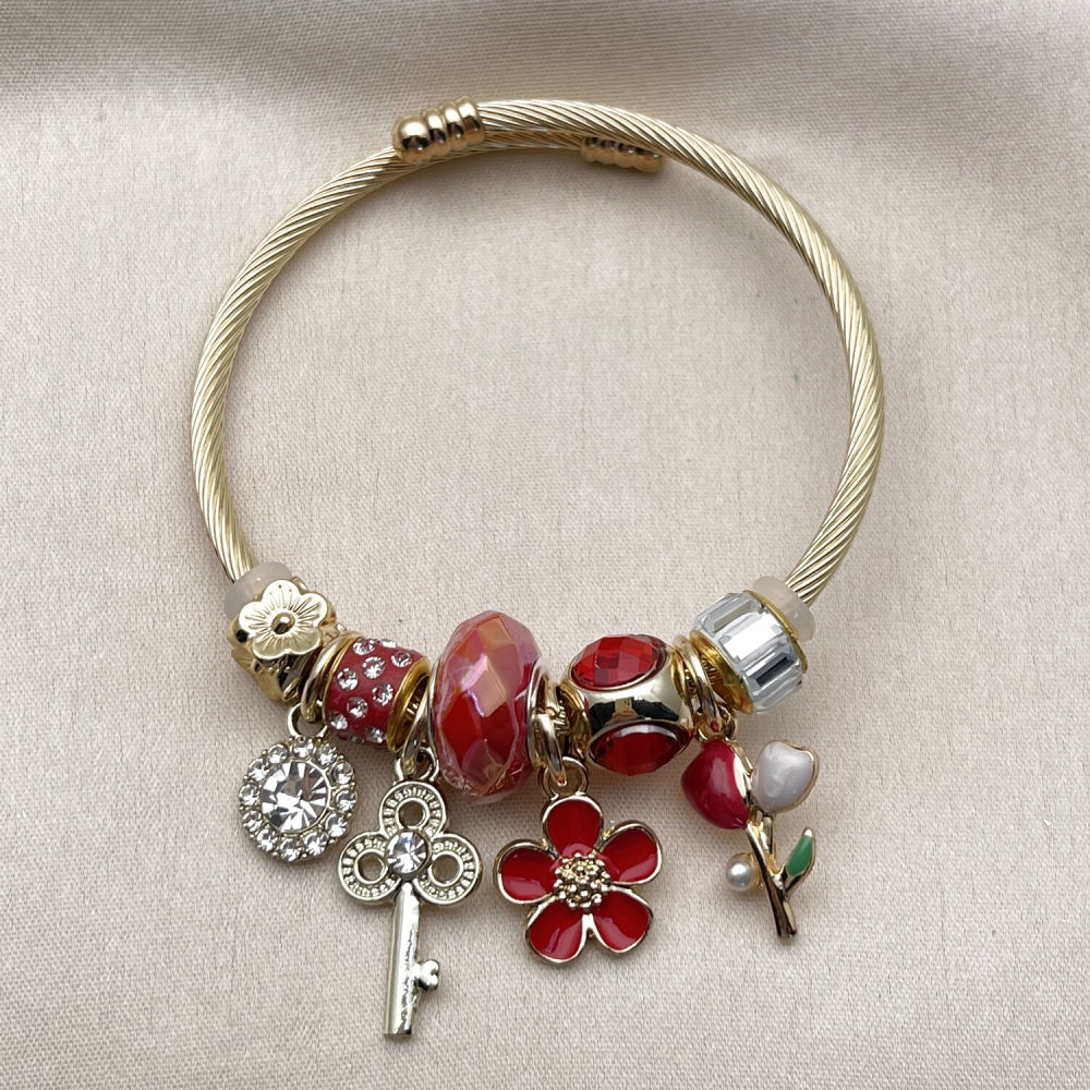 Stainless Steel Individual Bangle, Flower and key Design, with Light Siam and Crystal Crystal, Red Enamel Finish, Golden Finish