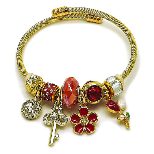 Stainless Steel Individual Bangle, Flower and key Design, with Light Siam and Crystal Crystal, Red Enamel Finish, Golden Finish
