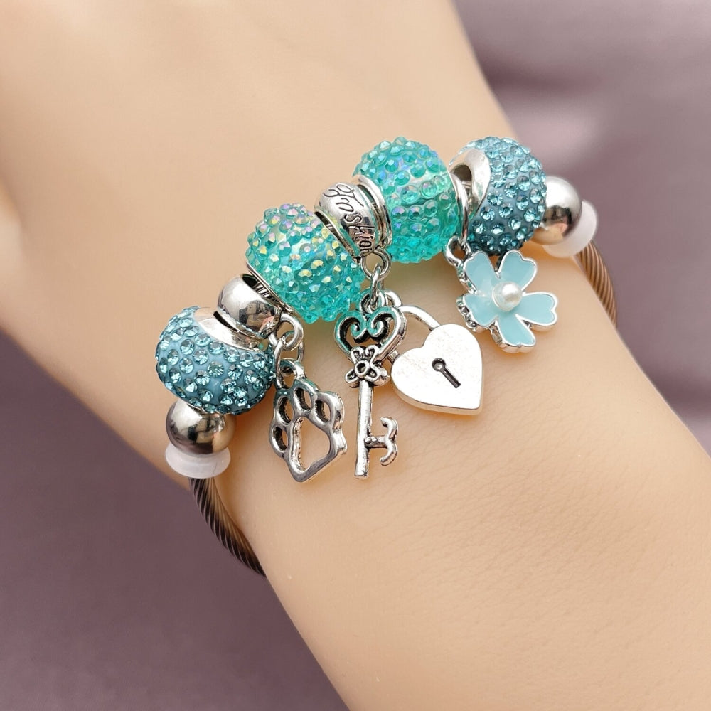 Stainless Steel Individual Bangle, Heart and Lock Design, with Light Turquoise Crystal and Ivory Pearl, Turquoise Enamel Finish, Rhodium Finish