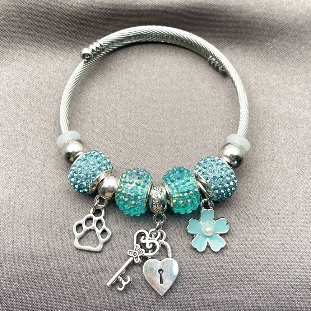Stainless Steel Individual Bangle, Heart and Lock Design, with Light Turquoise Crystal and Ivory Pearl, Turquoise Enamel Finish, Rhodium Finish