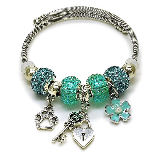 Stainless Steel Individual Bangle, Heart and Lock Design, with Light Turquoise Crystal and Ivory Pearl, Turquoise Enamel Finish, Rhodium Finish