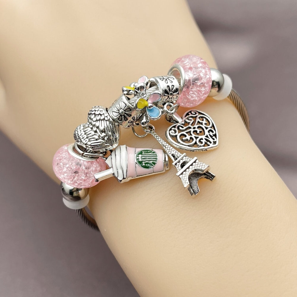 Stainless Steel Individual Bangle, Heart and Eiffel Tower Design, with Light Rose Crystal, Multicolor Enamel Finish, Rhodium Finish