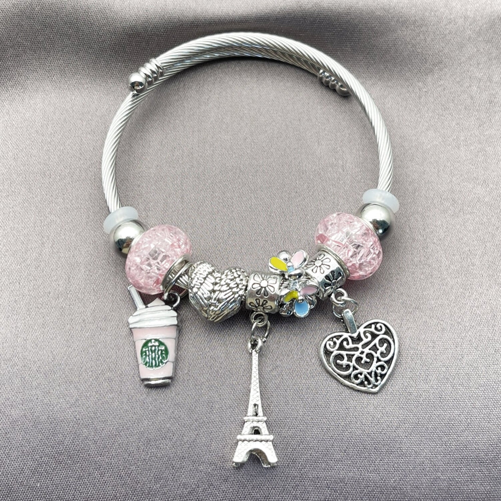 Stainless Steel Individual Bangle, Heart and Eiffel Tower Design, with Light Rose Crystal, Multicolor Enamel Finish, Rhodium Finish