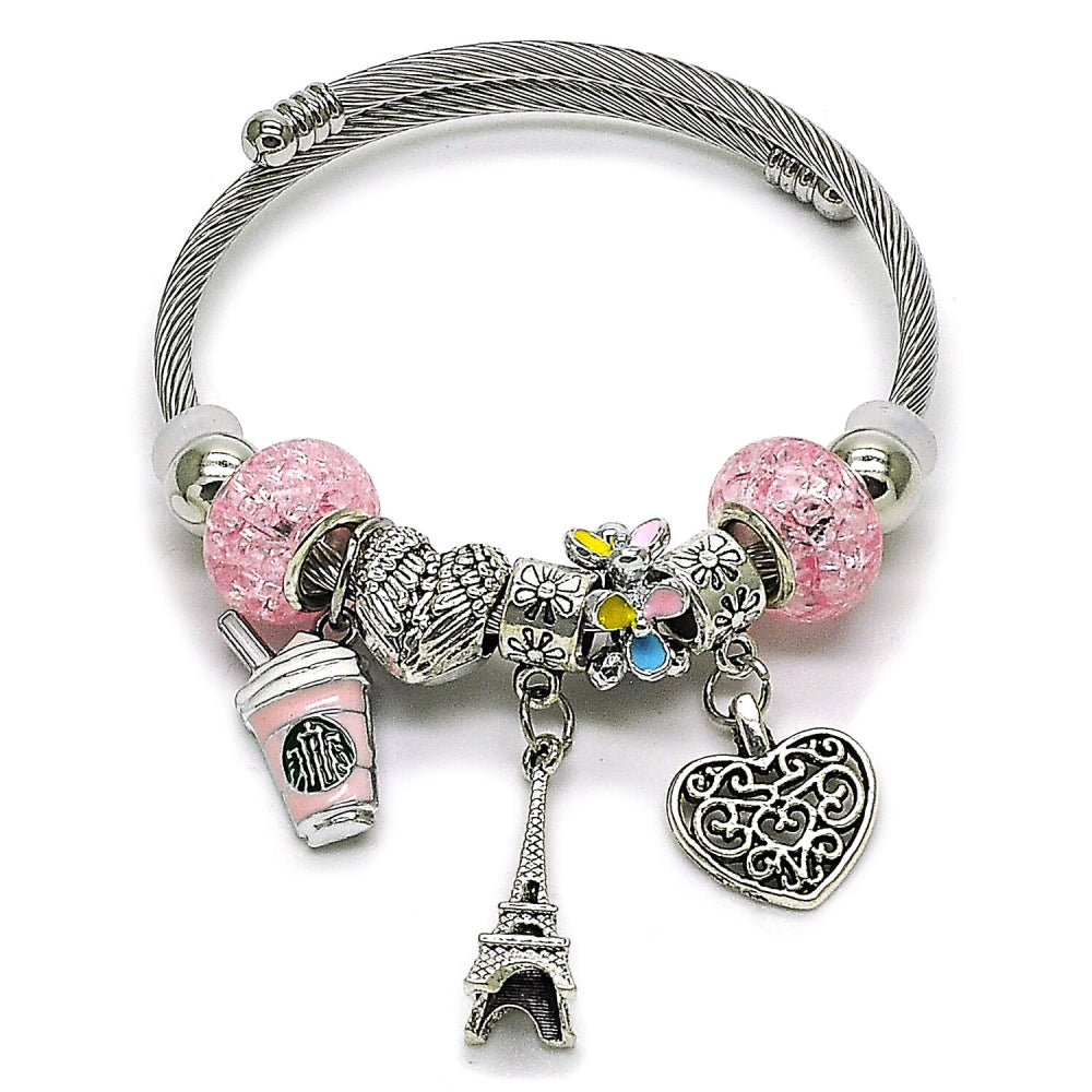 Stainless Steel Individual Bangle, Heart and Eiffel Tower Design, with Light Rose Crystal, Multicolor Enamel Finish, Rhodium Finish