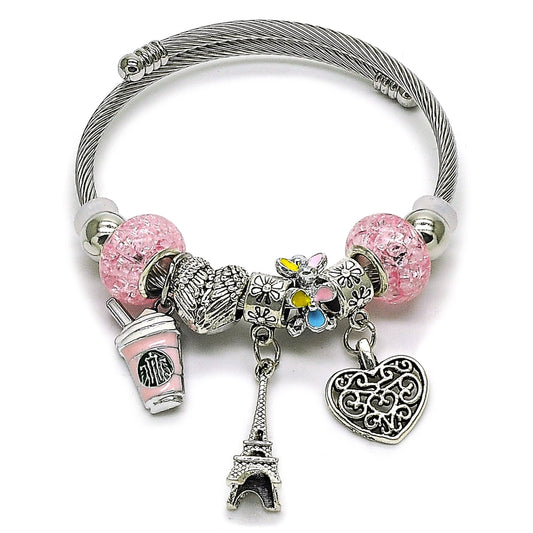 Stainless Steel Individual Bangle, Heart and Eiffel Tower Design, with Light Rose Crystal, Multicolor Enamel Finish, Rhodium Finish