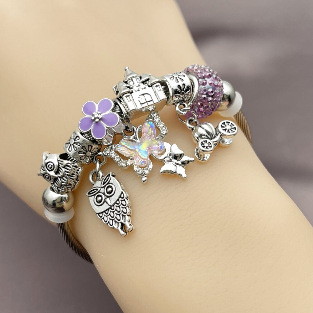 Stainless Steel Individual Bangle, Butterfly and Owl Design, with Crystal and Violet Crystal, Purple Enamel Finish, Rhodium Finish