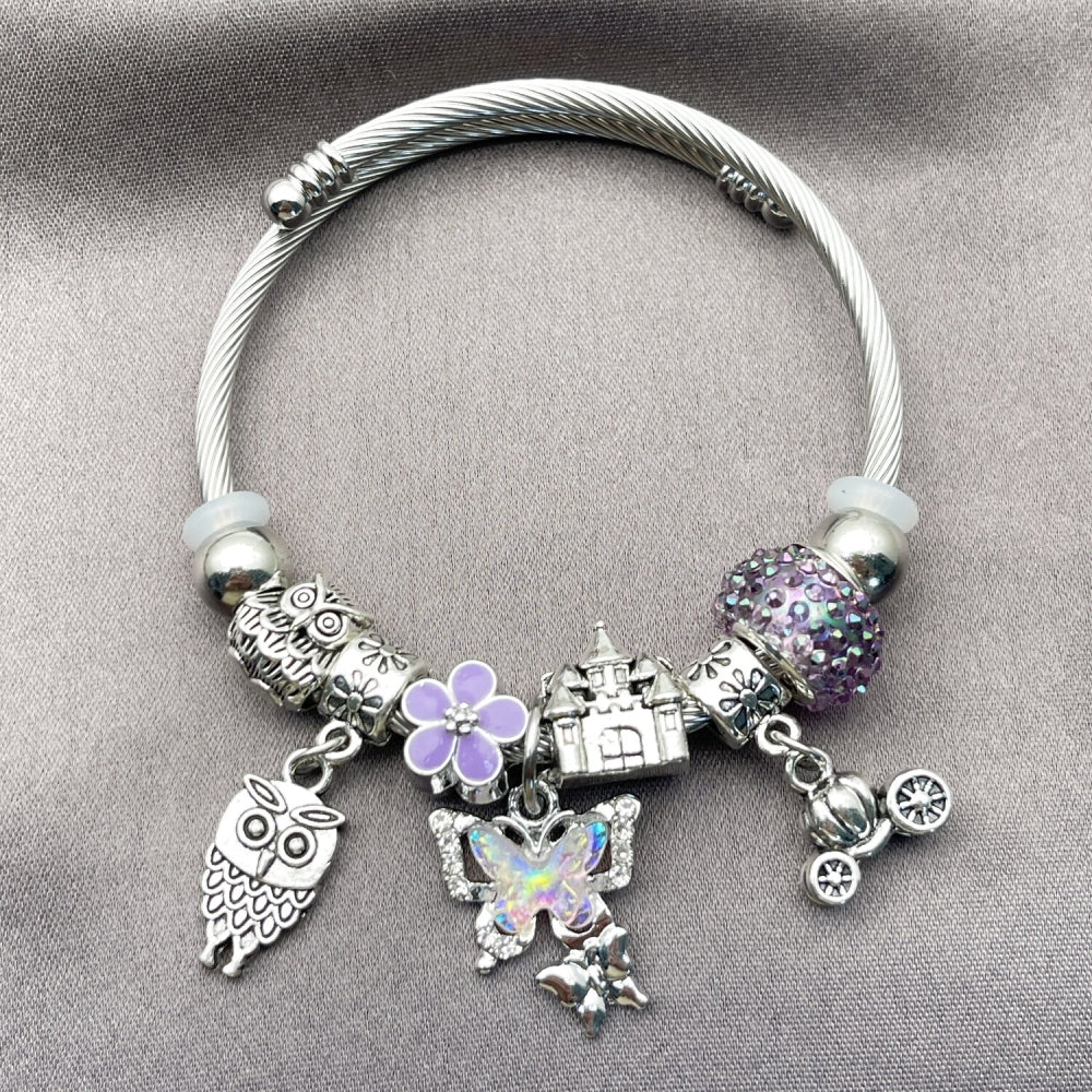Stainless Steel Individual Bangle, Butterfly and Owl Design, with Crystal and Violet Crystal, Purple Enamel Finish, Rhodium Finish